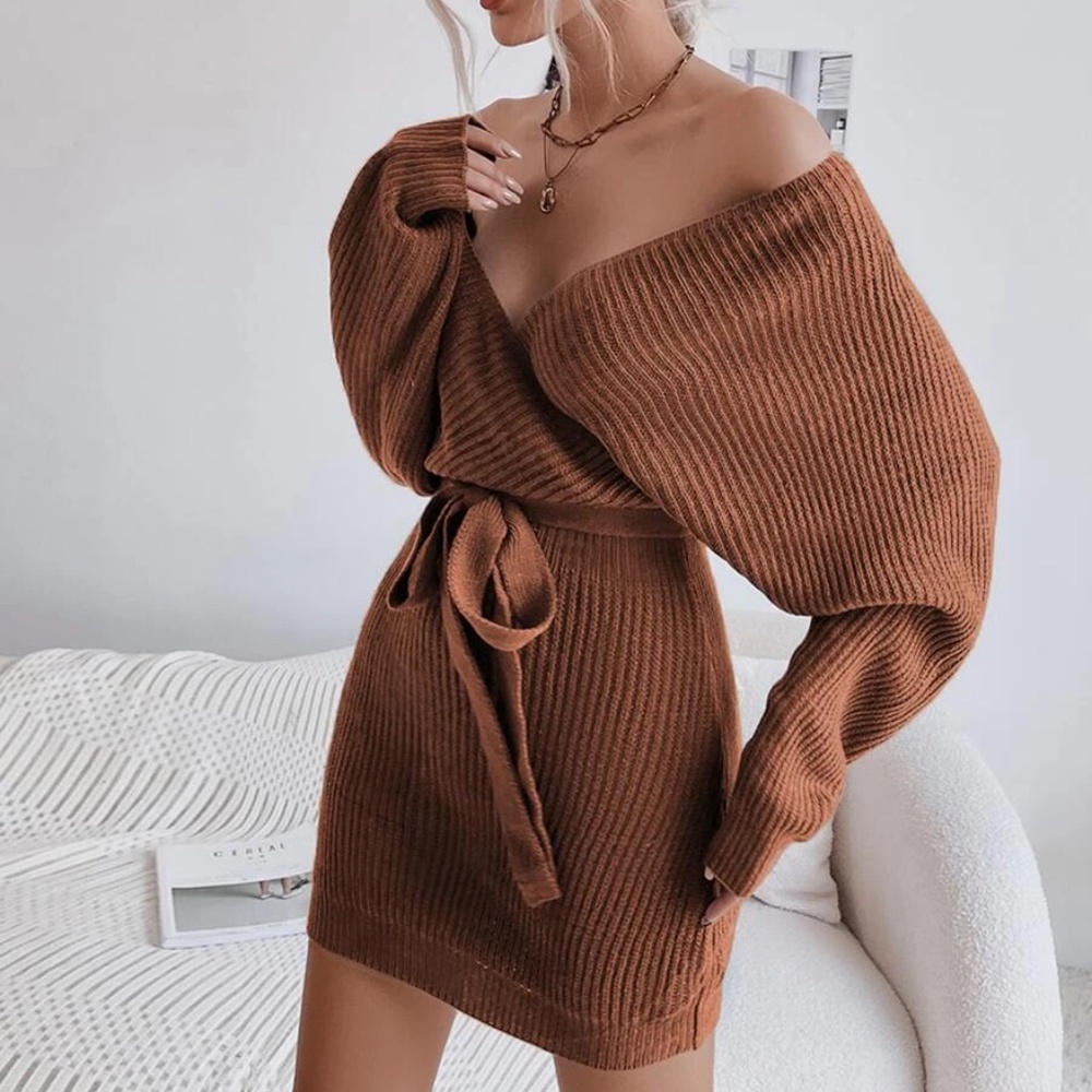 Cozy Off Shoulder dolman Sleeve Sweater Dress - Picture 6 of 7
